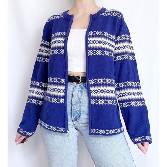 Vintage Retro Fair Isle Blue + White Printed Zip Up Knit Cardigan Sweater - Picture 6 of 12
